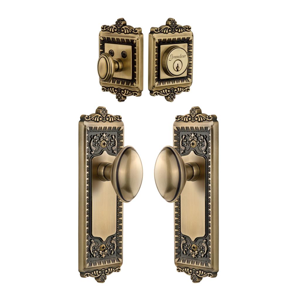 Grandeur by Nostalgic Warehouse Single Cylinder Combo Pack Keyed Differently - Windsor Plate with Eden Prairie Knob and Matching Deadbolt in Vintage Brass